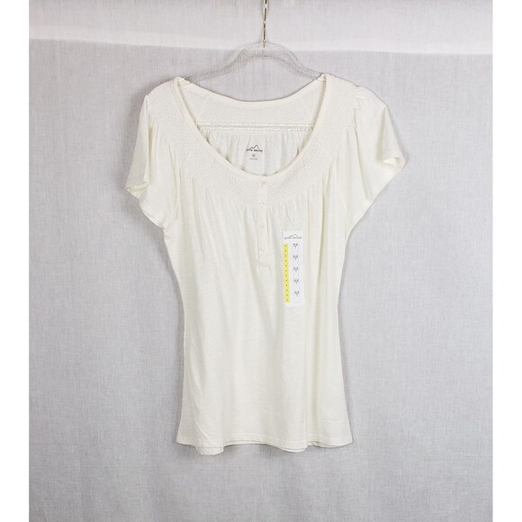Eddie Bauer Shirt Womens Large Ivory Smocked Yoke Short Sleeve Top Lightweight - Picture 1 of 5